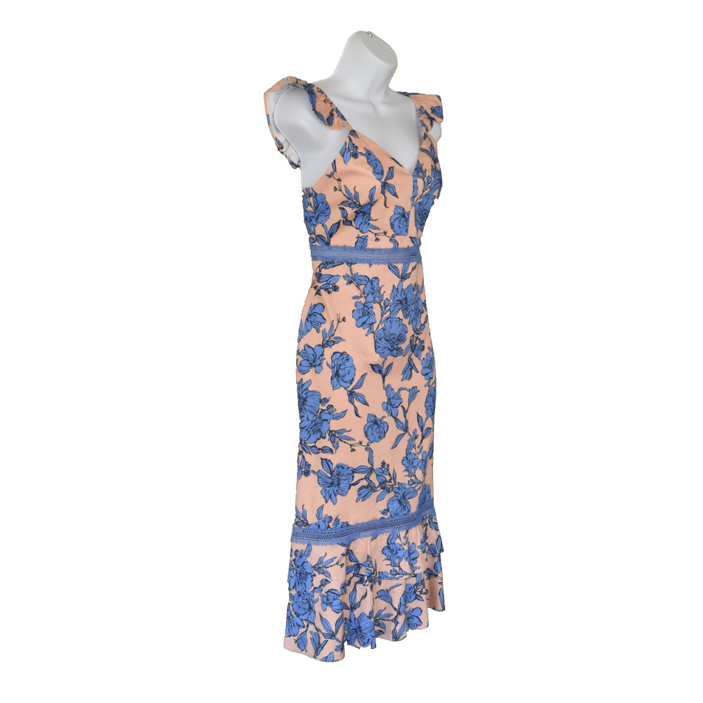 A8 Auth ALICE + OLIVIA Salmon Pink Blue Floral Jade Ruffle-Strap Midi Dress Sz 2 - Picture 3 of 7